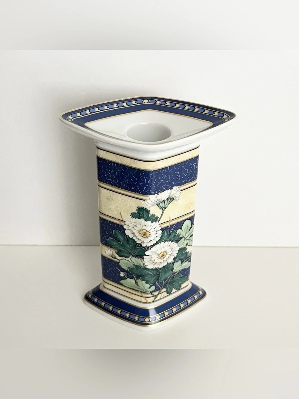 Vintage Kaiser Germany Atrium Porcelain Candle Holder Floral Blue Yellow 5.5 in